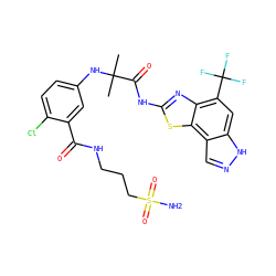 CC(C)(Nc1ccc(Cl)c(C(=O)NCCCS(N)(=O)=O)c1)C(=O)Nc1nc2c(C(F)(F)F)cc3[nH]ncc3c2s1 ZINC000202050305