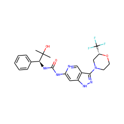 CC(C)(O)[C@@H](NC(=O)Nc1cc2[nH]nc(N3CCO[C@@H](C(F)(F)F)C3)c2cn1)c1ccccc1 ZINC001772622852