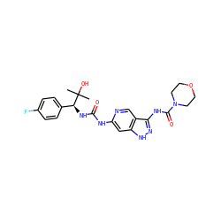 CC(C)(O)[C@@H](NC(=O)Nc1cc2[nH]nc(NC(=O)N3CCOCC3)c2cn1)c1ccc(F)cc1 ZINC001772622407