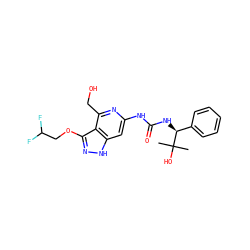 CC(C)(O)[C@@H](NC(=O)Nc1cc2[nH]nc(OCC(F)F)c2c(CO)n1)c1ccccc1 ZINC001772607208