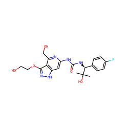 CC(C)(O)[C@@H](NC(=O)Nc1cc2[nH]nc(OCCO)c2c(CO)n1)c1ccc(F)cc1 ZINC000209333617