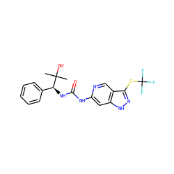 CC(C)(O)[C@@H](NC(=O)Nc1cc2[nH]nc(SC(F)(F)F)c2cn1)c1ccccc1 ZINC001772646629