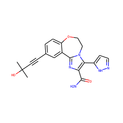 CC(C)(O)C#Cc1ccc2c(c1)-c1nc(C(N)=O)c(-c3ccn[nH]3)n1CCO2 ZINC000219518823
