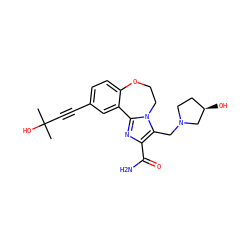 CC(C)(O)C#Cc1ccc2c(c1)-c1nc(C(N)=O)c(CN3CC[C@@H](O)C3)n1CCO2 ZINC000215752744