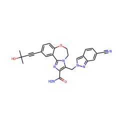 CC(C)(O)C#Cc1ccc2c(c1)-c1nc(C(N)=O)c(Cn3cc4ccc(C#N)cc4n3)n1CCO2 ZINC000219500209