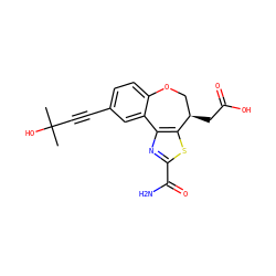 CC(C)(O)C#Cc1ccc2c(c1)-c1nc(C(N)=O)sc1[C@H](CC(=O)O)CO2 ZINC000215742502