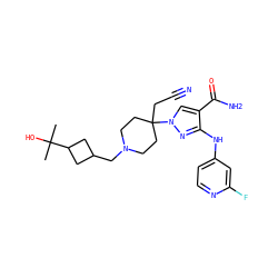 CC(C)(O)C1CC(CN2CCC(CC#N)(n3cc(C(N)=O)c(Nc4ccnc(F)c4)n3)CC2)C1 ZINC000220975149