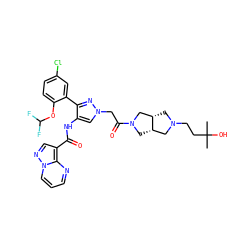 CC(C)(O)CCN1C[C@H]2CN(C(=O)Cn3cc(NC(=O)c4cnn5cccnc45)c(-c4cc(Cl)ccc4OC(F)F)n3)C[C@H]2C1 ZINC001772624470
