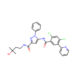 CC(C)(O)CCNC(=O)c1cc(NC(=O)c2cc(-c3ccccn3)c(Cl)cc2Cl)n(-c2ccccc2)n1 ZINC001772571329