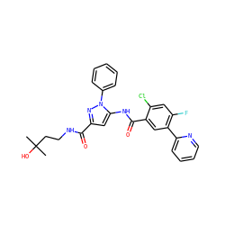 CC(C)(O)CCNC(=O)c1cc(NC(=O)c2cc(-c3ccccn3)c(F)cc2Cl)n(-c2ccccc2)n1 ZINC001772609042