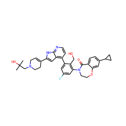 CC(C)(O)CN1CC=C(c2cc3c(-c4cc(F)cc(N5CCOc6cc(C7CC7)ccc6C5=O)c4CO)ccnc3[nH]2)CC1 ZINC001772636468