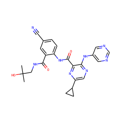 CC(C)(O)CNC(=O)c1cc(C#N)ccc1NC(=O)c1nc(C2CC2)cnc1Nc1cncnc1 ZINC000169701880