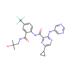 CC(C)(O)CNC(=O)c1cc(C(F)(F)F)ccc1NC(=O)c1nc(C2CC2)cnc1Nc1cncnc1 ZINC000169701905