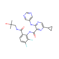 CC(C)(O)CNC(=O)c1ccc(F)c(F)c1NC(=O)c1nc(C2CC2)cnc1Nc1cncnc1 ZINC000169701935