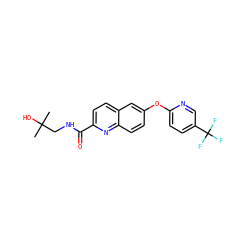 CC(C)(O)CNC(=O)c1ccc2cc(Oc3ccc(C(F)(F)F)cn3)ccc2n1 ZINC001772573459