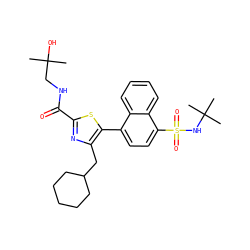CC(C)(O)CNC(=O)c1nc(CC2CCCCC2)c(-c2ccc(S(=O)(=O)NC(C)(C)C)c3ccccc23)s1 ZINC000207168928