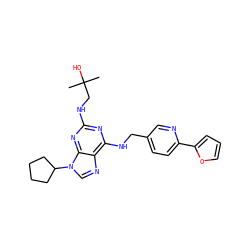 CC(C)(O)CNc1nc(NCc2ccc(-c3ccco3)nc2)c2ncn(C3CCCC3)c2n1 ZINC000096273137