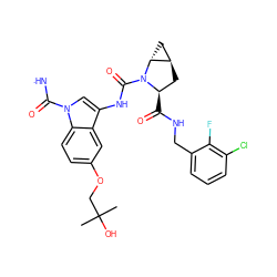 CC(C)(O)COc1ccc2c(c1)c(NC(=O)N1[C@H](C(=O)NCc3cccc(Cl)c3F)C[C@@H]3C[C@H]31)cn2C([NH])=O ZINC000473165233