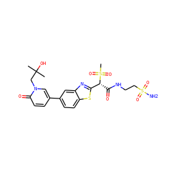 CC(C)(O)Cn1cc(-c2ccc3sc([C@@H](C(=O)NCCS(N)(=O)=O)S(C)(=O)=O)nc3c2)ccc1=O ZINC000144127739