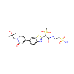 CC(C)(O)Cn1ccc(-c2ccc3nc([C@@H](C(=O)NCCS(N)(=O)=O)S(C)(=O)=O)sc3c2)cc1=O ZINC000143956608