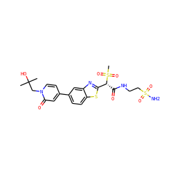 CC(C)(O)Cn1ccc(-c2ccc3sc([C@@H](C(=O)NCCS(N)(=O)=O)S(C)(=O)=O)nc3c2)cc1=O ZINC000143947902