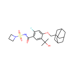 CC(C)(O)c1cc(C(=O)NS(=O)(=O)N2CCC2)c(F)cc1OCC12CC3CC(CC(C3)C1)C2 ZINC000216251655
