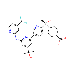 CC(C)(O)c1cc(Nc2cc(C(F)F)ccn2)nc(-c2ccc([C@](C)(O)C3CCC(C(=O)O)CC3)nc2)c1 ZINC000223536609