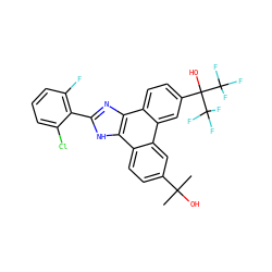 CC(C)(O)c1ccc2c(c1)c1cc(C(O)(C(F)(F)F)C(F)(F)F)ccc1c1nc(-c3c(F)cccc3Cl)[nH]c21 ZINC000049679715