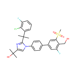 CC(C)(O)c1cn(-c2ccc(-c3cc(F)c(CO)c(S(C)(=O)=O)c3)cc2)c(C(C)(C)c2cccc(F)c2Cl)n1 ZINC000114577681