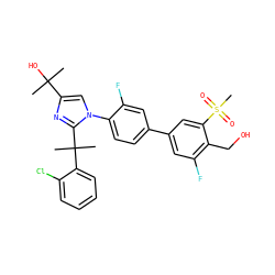 CC(C)(O)c1cn(-c2ccc(-c3cc(F)c(CO)c(S(C)(=O)=O)c3)cc2F)c(C(C)(C)c2ccccc2Cl)n1 ZINC000114578251