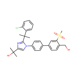 CC(C)(O)c1cn(-c2ccc(-c3ccc(CO)c(S(C)(=O)=O)c3)cc2)c(C(C)(C)c2ccccc2Cl)n1 ZINC000607721155