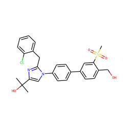 CC(C)(O)c1cn(-c2ccc(-c3ccc(CO)c(S(C)(=O)=O)c3)cc2)c(Cc2ccccc2Cl)n1 ZINC000147277860