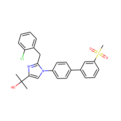 CC(C)(O)c1cn(-c2ccc(-c3cccc(S(C)(=O)=O)c3)cc2)c(Cc2ccccc2Cl)n1 ZINC000149380235