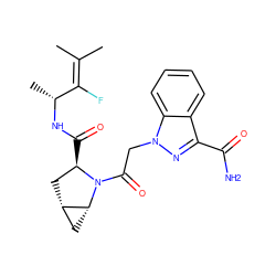 CC(C)=C(F)[C@@H](C)NC(=O)[C@@H]1C[C@H]2C[C@H]2N1C(=O)Cn1nc(C(N)=O)c2ccccc21 ZINC000206565305