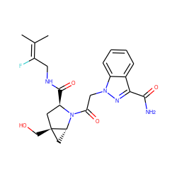 CC(C)=C(F)CNC(=O)[C@@H]1C[C@@]2(CO)C[C@H]2N1C(=O)Cn1nc(C(N)=O)c2ccccc21 ZINC000206547521