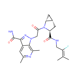 CC(C)=C(F)CNC(=O)[C@@H]1C[C@H]2C[C@H]2N1C(=O)Cn1nc(C(N)=O)c2cc(C)nc(C)c21 ZINC000206552903