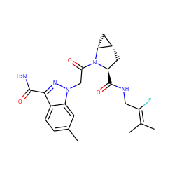 CC(C)=C(F)CNC(=O)[C@@H]1C[C@H]2C[C@H]2N1C(=O)Cn1nc(C(N)=O)c2ccc(C)cc21 ZINC000206547411