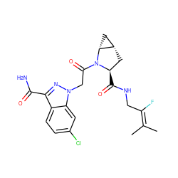CC(C)=C(F)CNC(=O)[C@@H]1C[C@H]2C[C@H]2N1C(=O)Cn1nc(C(N)=O)c2ccc(Cl)cc21 ZINC000206547303