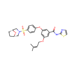 CC(C)=CCOc1cc(Oc2ccc(S(=O)(=O)N3C[C@@H]4CC[C@H](C3)O4)cc2)cc(C(=O)Nc2nccs2)c1 ZINC000084635119