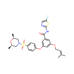 CC(C)=CCOc1cc(Oc2ccc(S(=O)(=O)N3C[C@H](C)O[C@H](C)C3)cc2)cc(C(=O)Nc2ncc(F)s2)c1 ZINC000084635116