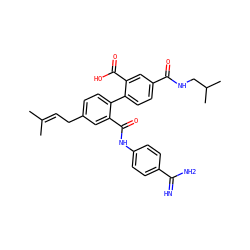 CC(C)=CCc1ccc(-c2ccc(C(=O)NCC(C)C)cc2C(=O)O)c(C(=O)Nc2ccc(C(=N)N)cc2)c1 ZINC000040424612
