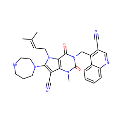 CC(C)=CCn1c(N2CCCNCC2)c(C#N)c2c1c(=O)n(Cc1c(C#N)cnc3ccccc13)c(=O)n2C ZINC000073292945