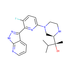 CC(C)[C@@](C)(O)[C@H]1CN(c2ccc(F)c(-c3n[nH]c4ncccc34)n2)CCN1 ZINC000095581050