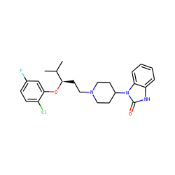CC(C)[C@@H](CCN1CCC(n2c(=O)[nH]c3ccccc32)CC1)Oc1cc(F)ccc1Cl ZINC000028356119