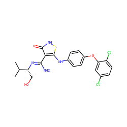 CC(C)[C@@H](CO)/N=C(\N)c1c(Nc2ccc(Oc3cc(Cl)ccc3Cl)cc2)s[nH]c1=O ZINC000034802738