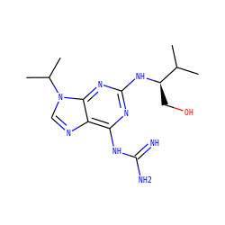 CC(C)[C@@H](CO)Nc1nc(NC(=N)N)c2ncn(C(C)C)c2n1 ZINC000095589256