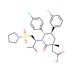 CC(C)[C@@H](CS(=O)(=O)N1CCCC1)N1C(=O)[C@@](C)(CC(=O)O)C[C@H](c2cccc(Cl)c2)[C@H]1c1ccc(Cl)cc1 ZINC000299825231