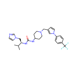 CC(C)[C@@H](Cn1ccnc1)NC(=O)NC1CCN(Cc2ccn(-c3ccc(C(F)(F)F)cc3)c2)CC1 ZINC000043076089