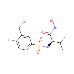 CC(C)[C@@H](NS(=O)(=O)c1ccc(F)c(CO)c1)C(=O)NO ZINC000014946074