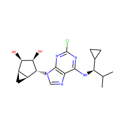 CC(C)[C@@H](Nc1nc(Cl)nc2c1ncn2[C@H]1[C@H](O)[C@H](O)[C@@H]2C[C@@H]21)C1CC1 ZINC000095557250